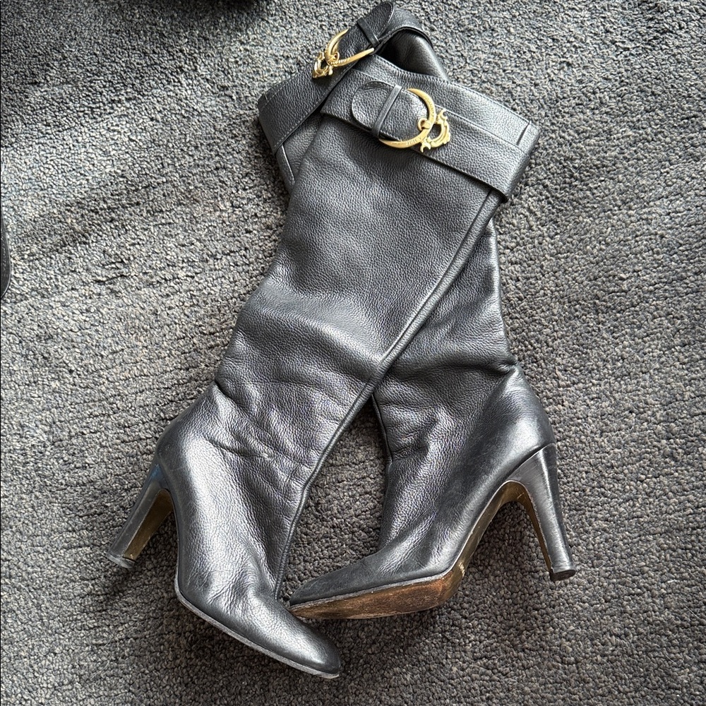 Juicy Couture Black Heeled Boots with Gold Accents
